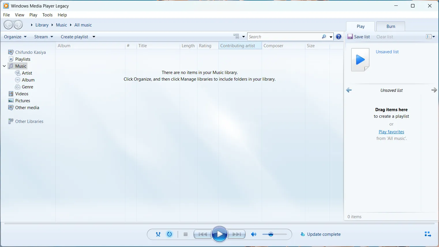 Giao diện của Windows Media Player Cổ điển (Legacy) trên hệ điều hành Windows 11.