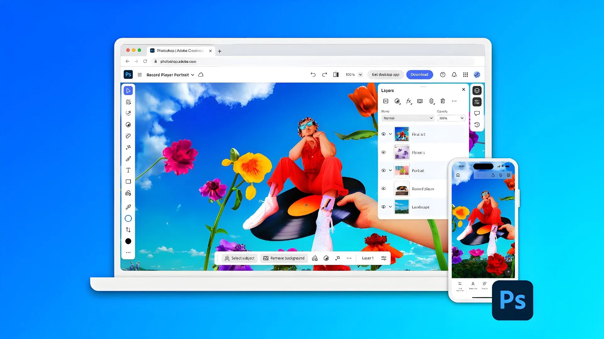 Giao diện đầy đủ tính năng của Adobe Photoshop trên màn hình điện thoại thông minh