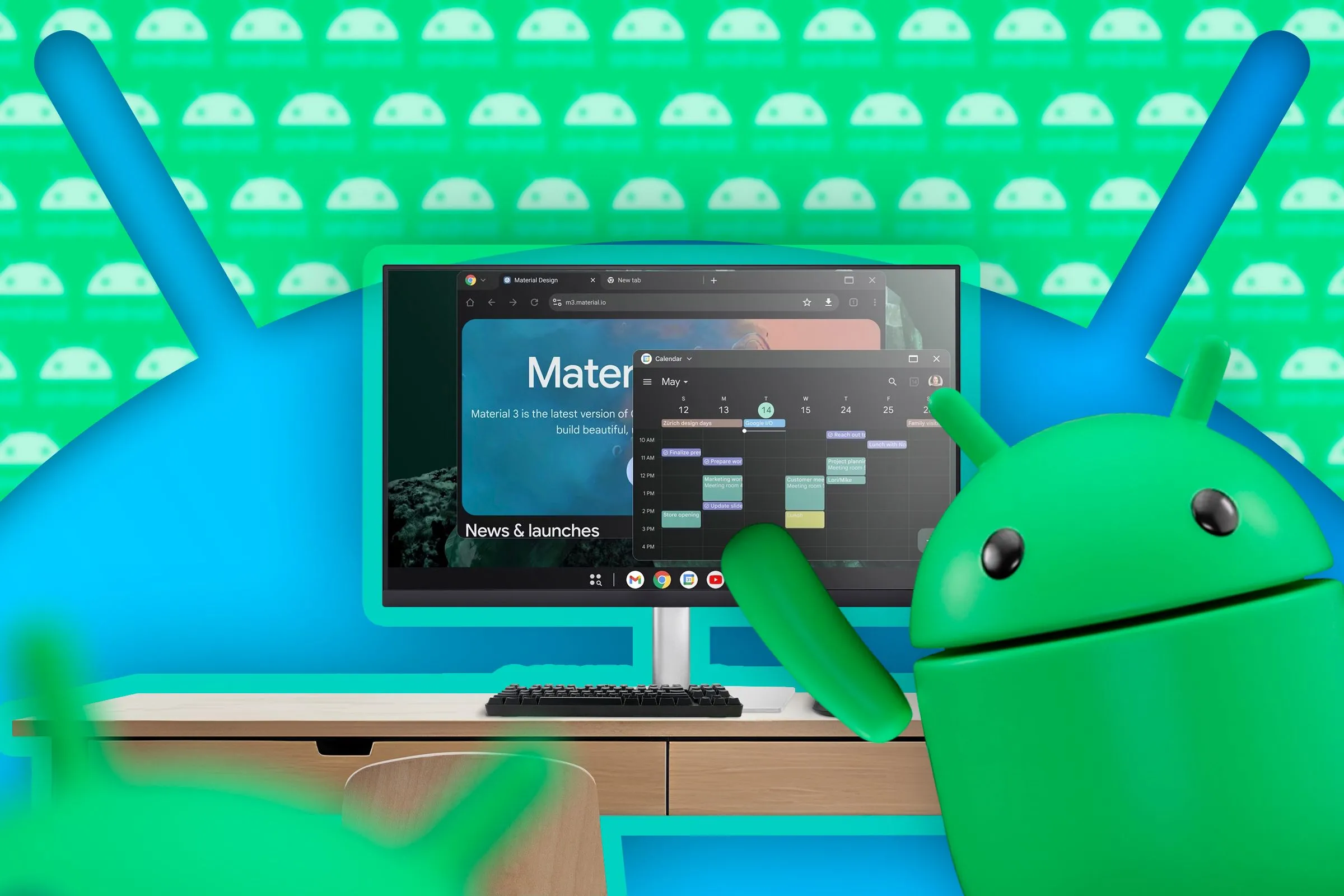 Giao diện desktop của hệ điều hành Android cùng linh vật Android, báo hiệu chế độ desktop mode gốc sắp ra mắt cho người dùng Android.