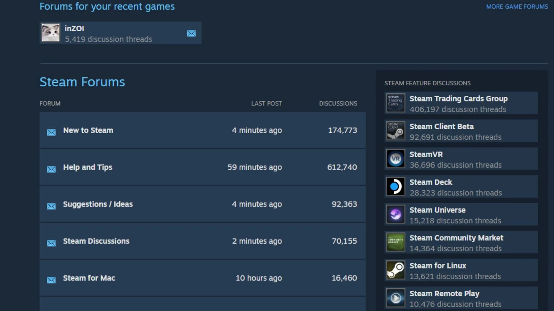 Giao diện diễn đàn cộng đồng Steam cho game Inzoi, nơi game thủ chia sẻ góp ý và báo lỗi, minh họa tính năng trung tâm kết nối của Steam.