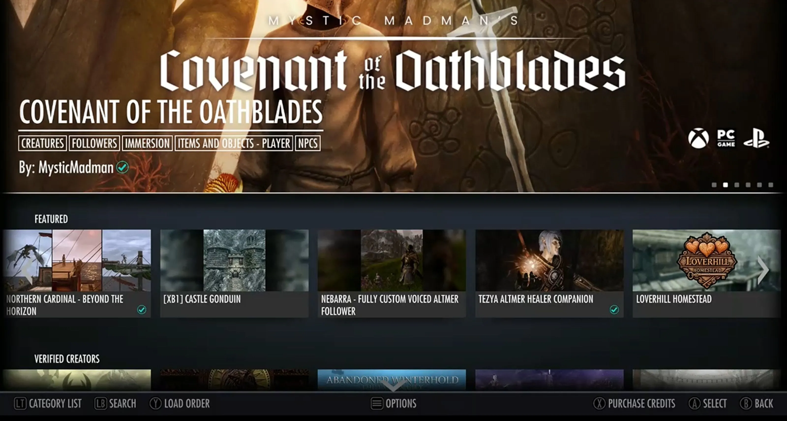 Giao diện duyệt mod trong The Elder Scrolls V: Skyrim Special Edition trên Xbox One, minh họa nền tảng Bethesda.net với các lựa chọn mod có sẵn cho console.