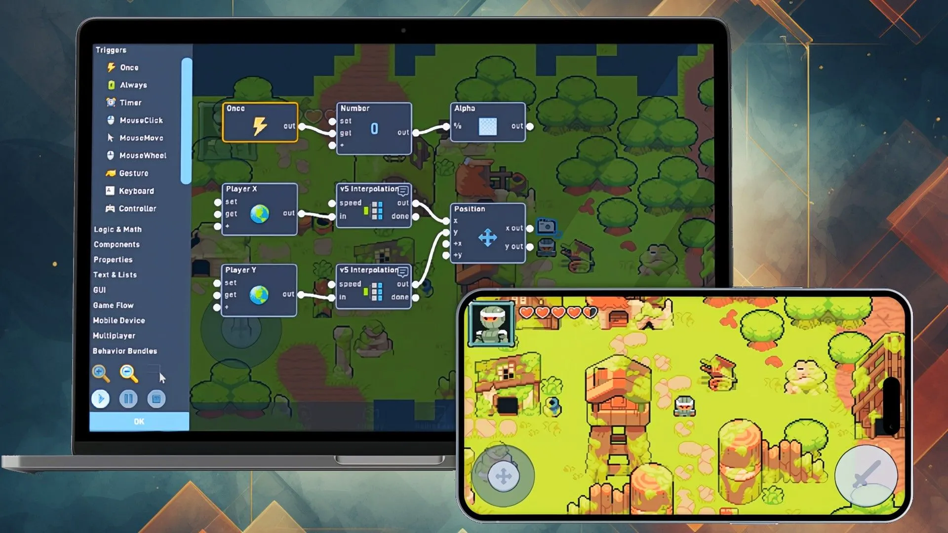 Giao diện Flowlab Game Creator hiển thị một game đang được phát triển với rừng và nhân vật đi bộ trên máy tính và điện thoại.