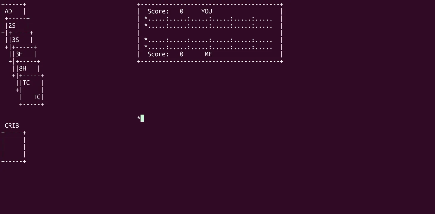 Giao diện game bài Cribbage đang được chơi giữa người và máy tính trong terminal Linux, hiển thị các quân bài và điểm số.
