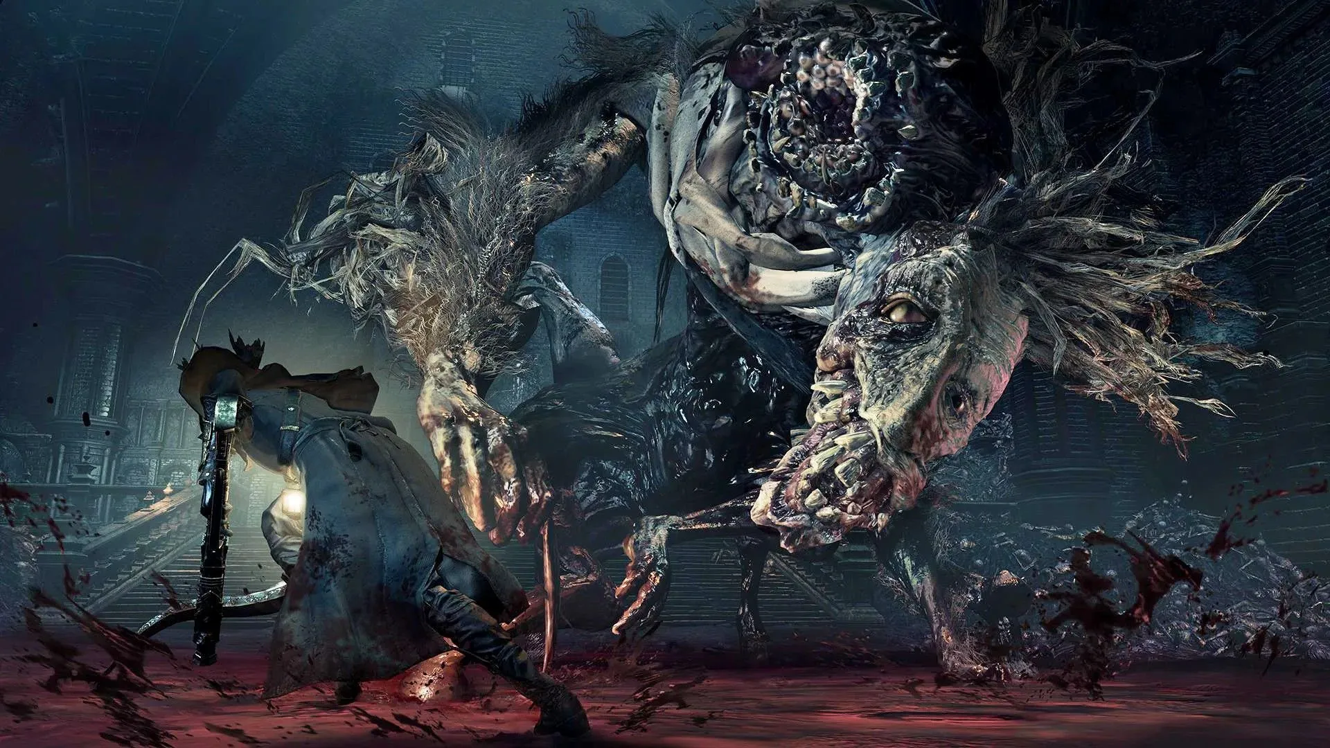 Giao diện game Bloodborne trên PlayStation 4 với nhân vật chính đối đầu quái vật, thể hiện đồ họa ấn tượng của game PS4