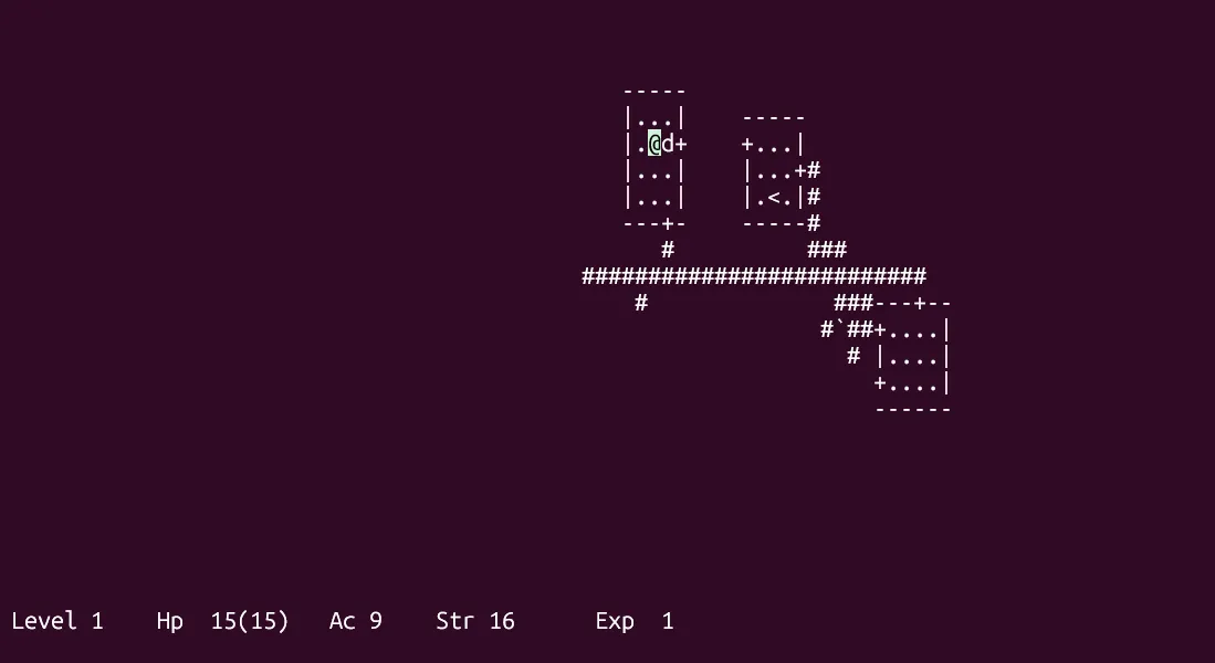 Giao diện game &quot;hack&quot; thuộc BSD games, một tựa game Roguelike với đồ họa ASCII hiển thị hầm ngục và nhân vật.
