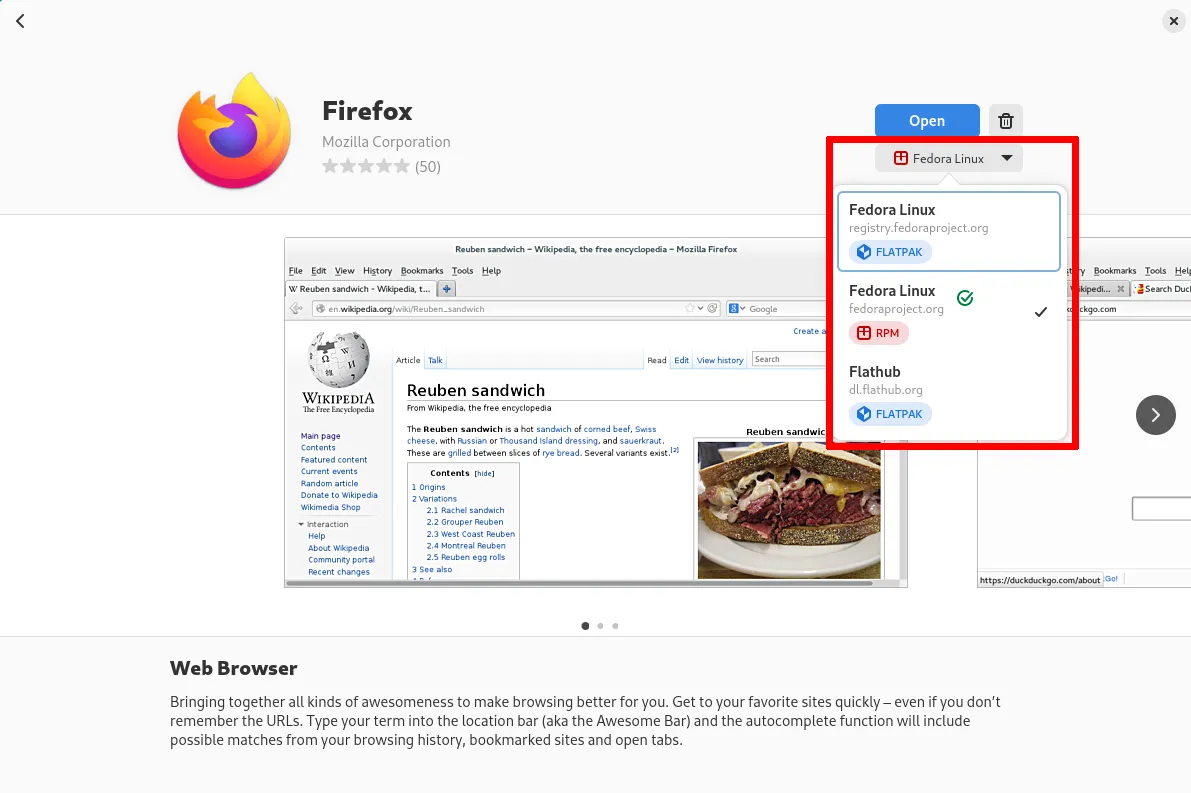 Giao diện GNOME Software hiển thị ba kho phần mềm để cài đặt ứng dụng trên Fedora (bao gồm Flathub)
