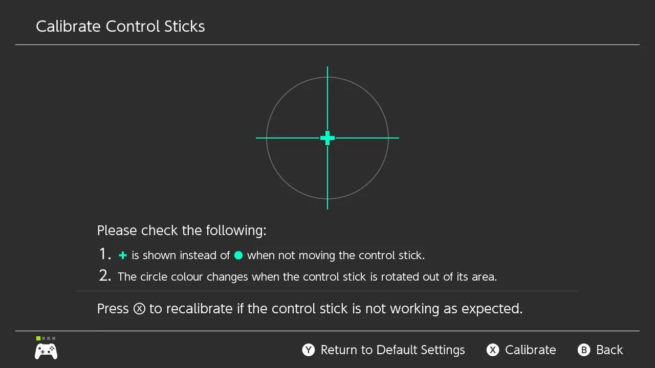 Giao diện hiệu chỉnh cần điều khiển (Calibrate Control Sticks) để khắc phục lỗi trôi Joy-Con trên Nintendo Switch.