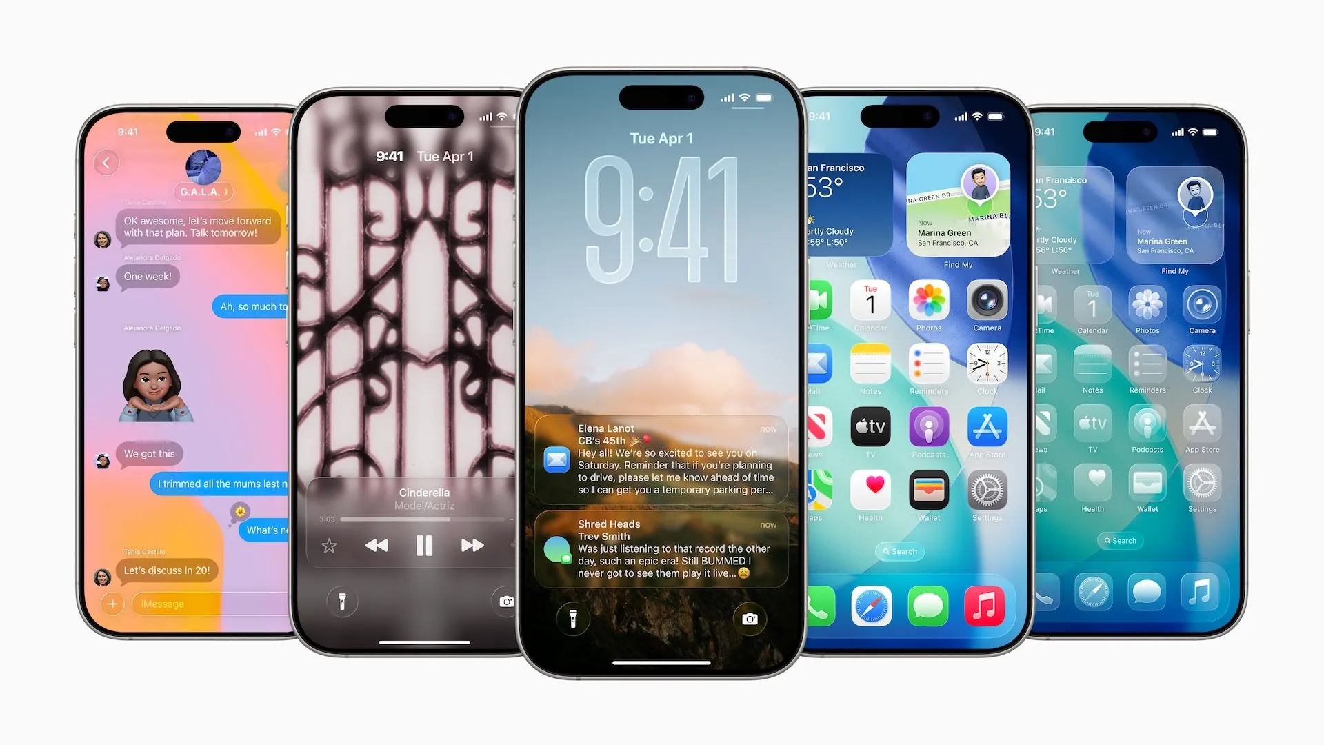 Giao diện iOS 26 trên nhiều mẫu iPhone khác nhau, thể hiện sự đồng bộ về trải nghiệm.