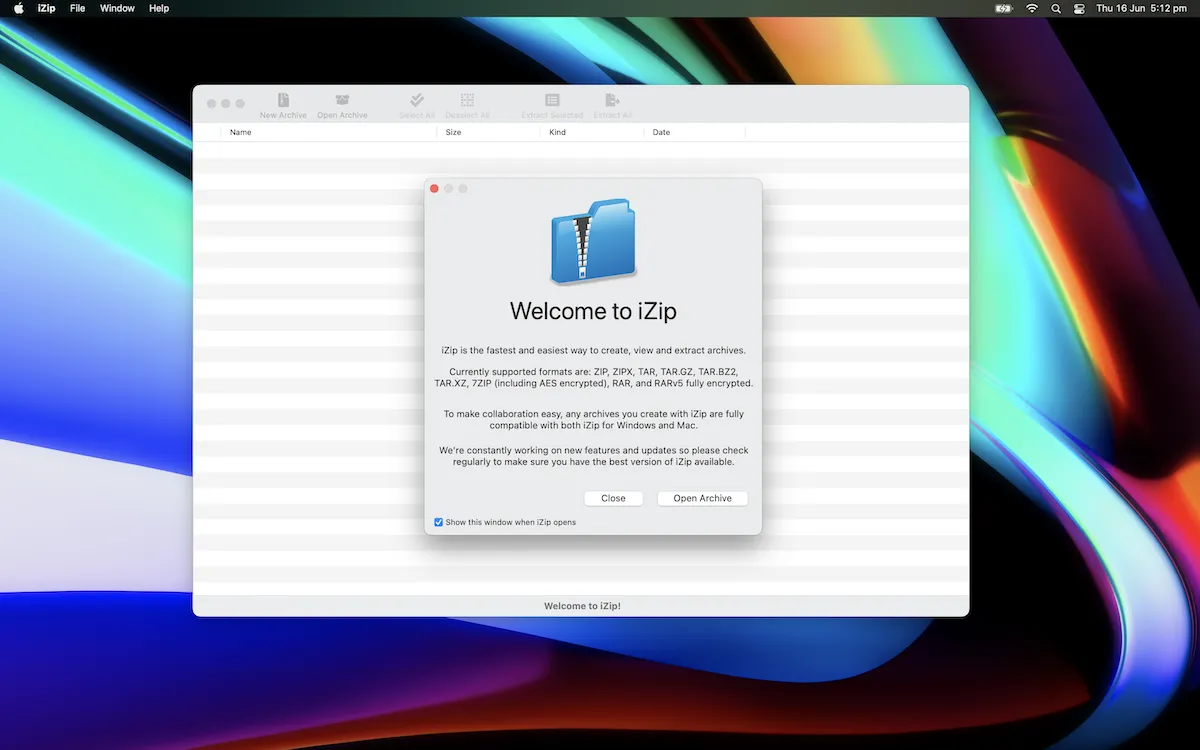 Giao diện iZip cho macOS với khả năng nén, giải nén và mã hóa file