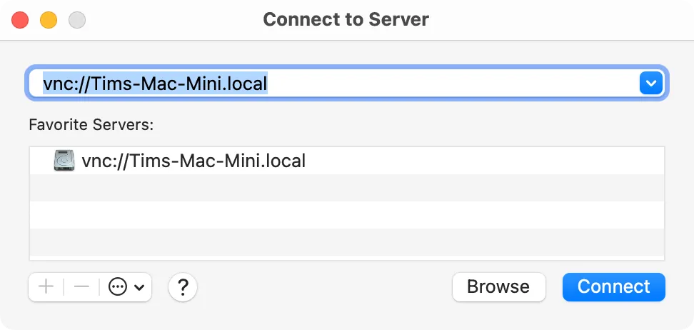 Giao diện kết nối VNC từ một máy Mac khác đến Mac mini đang chạy Home Assistant server qua địa chỉ cục bộ.