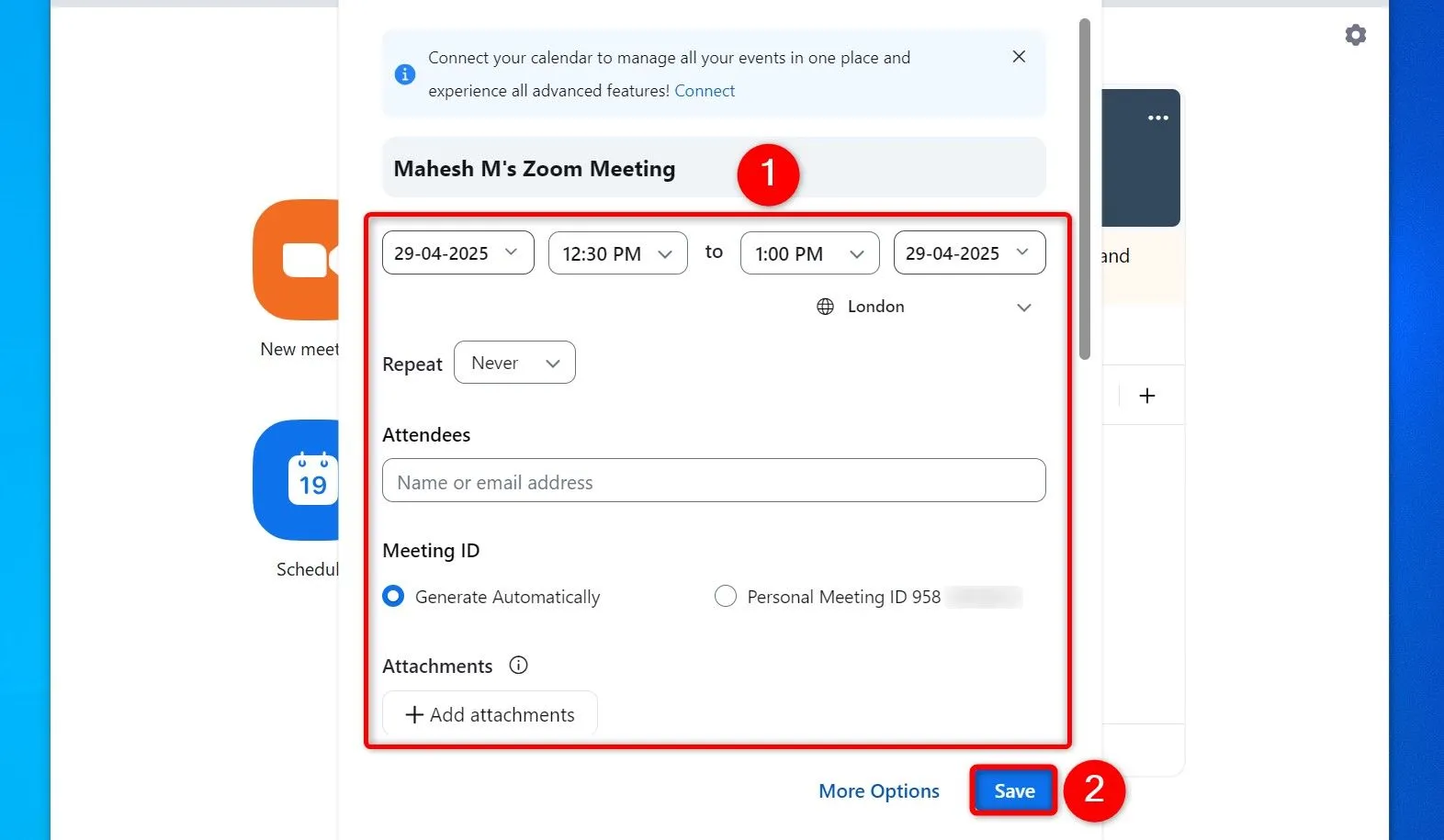 Giao diện lên lịch cuộc họp định kỳ trong Zoom với các tùy chọn cài đặt chi tiết