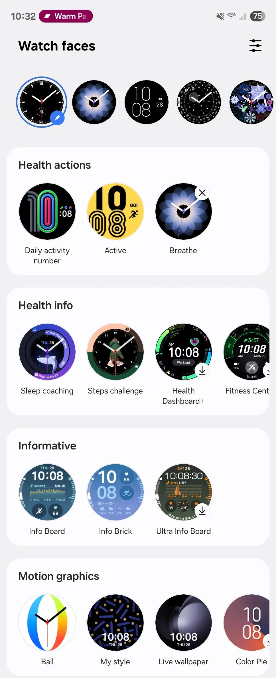 Giao diện lựa chọn mặt đồng hồ trên Galaxy Watch 6, với nhiều tùy chọn hiển thị khác nhau