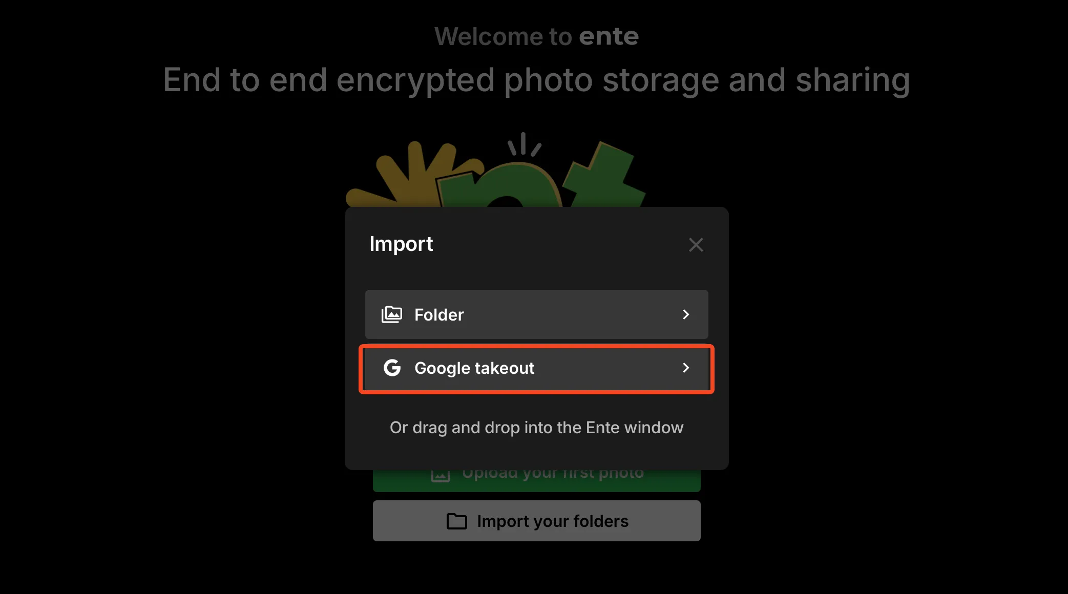Giao diện lựa chọn nhập tệp ZIP Google Takeout trong ứng dụng Ente Photos desktop.