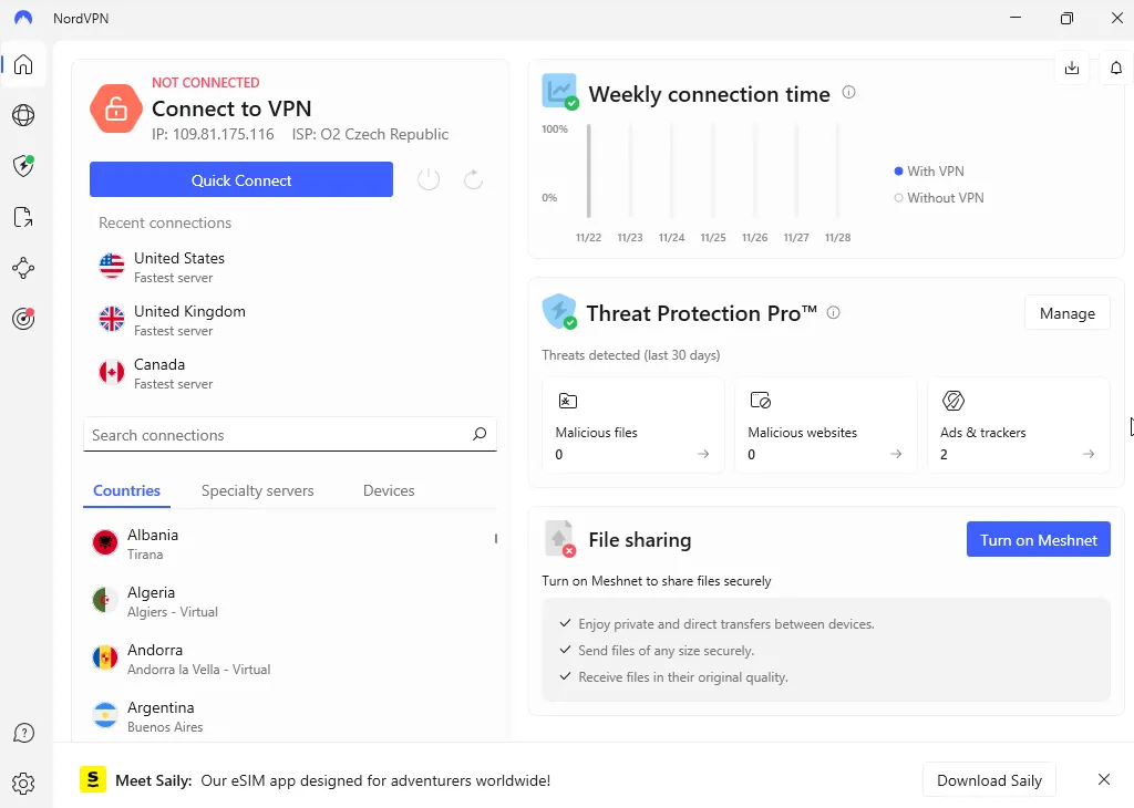 Giao diện màn hình chính của ứng dụng NordVPN trên Windows, hiển thị tổng quan các tính năng
