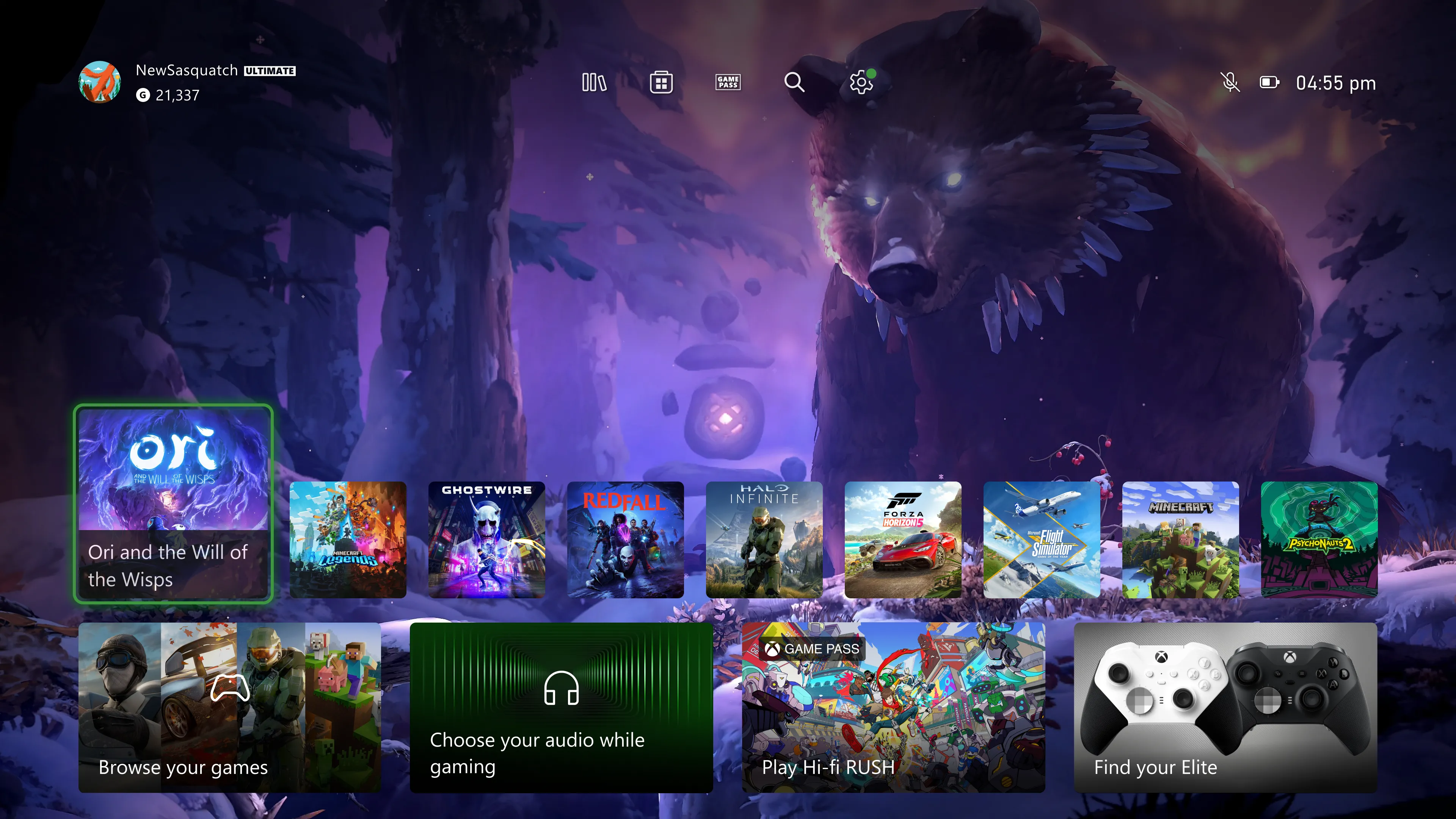 Giao diện màn hình chính của Xbox với menu truy cập nhanh ở trên cùng, minh họa trải nghiệm người dùng tối ưu trên hệ sinh thái Xbox.