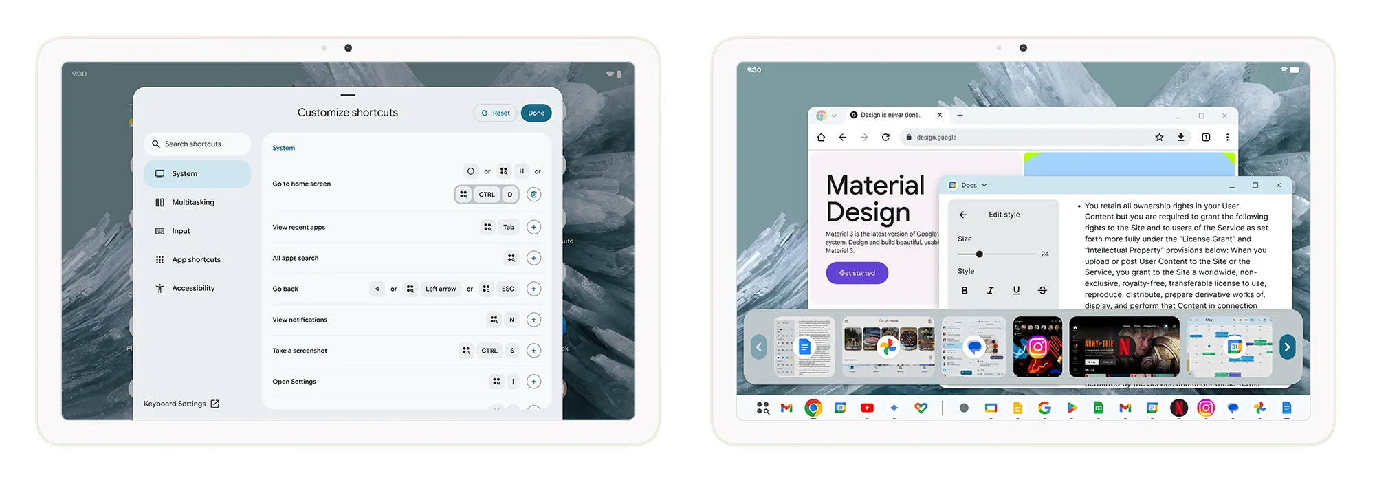 Giao diện máy tính bảng với thanh tác vụ và chế độ cửa sổ desktop của Android 16