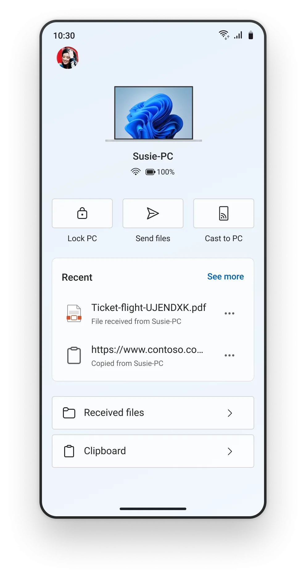 Giao diện mới của ứng dụng Link to Windows trên điện thoại Android, hiển thị các tùy chọn điều khiển máy tính từ xa như khóa PC và gửi tệp.