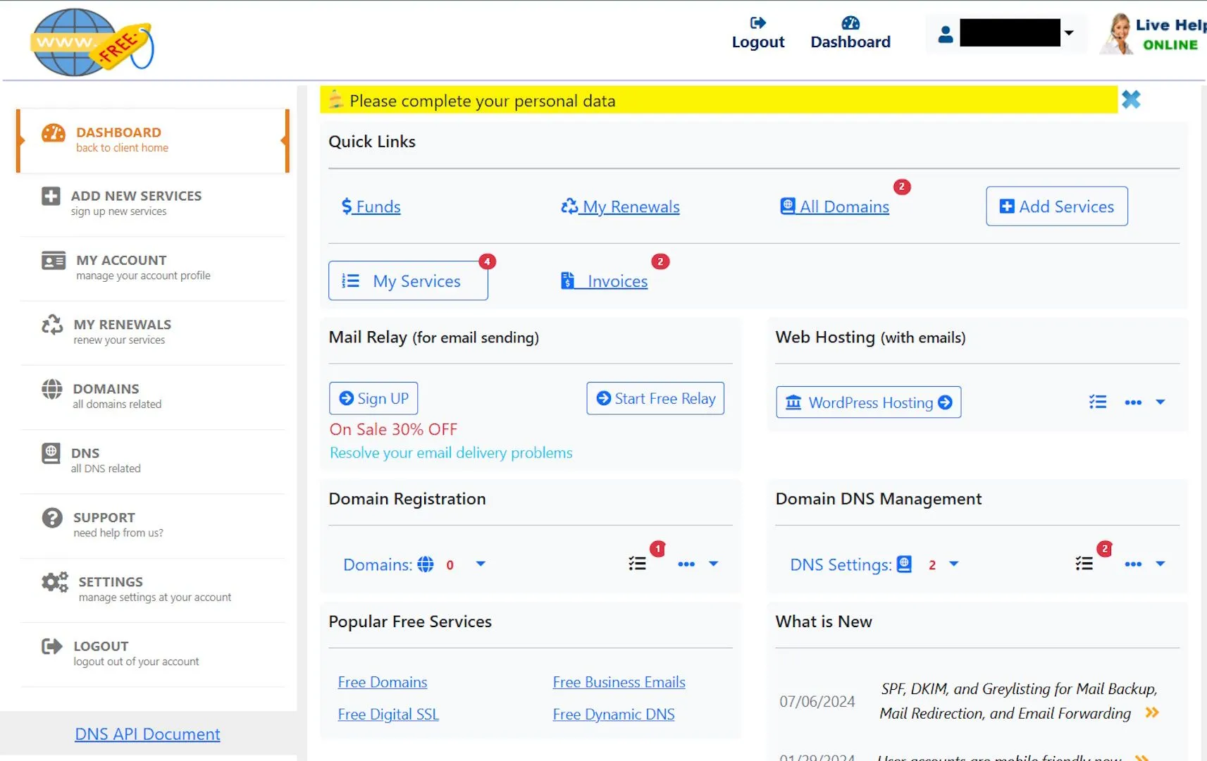 Giao diện người dùng (UI) lỗi thời của Free Domain với thiết kế cũ kỹ.