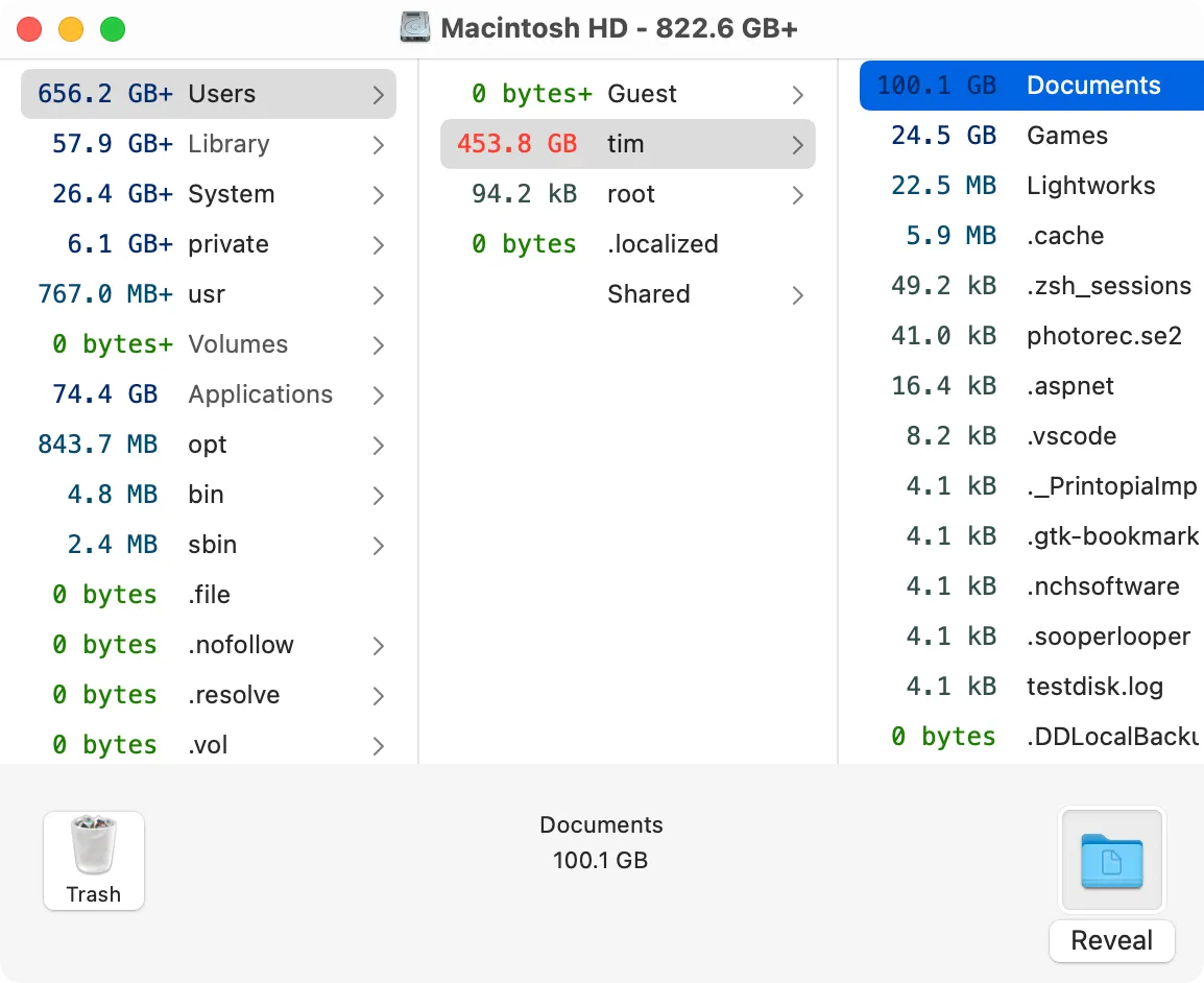 Giao diện OmniDiskSweeper trên macOS liệt kê các thư mục và tệp tin theo kích thước giảm dần.