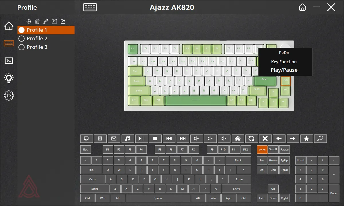Giao diện phần mềm bàn phím Ajazz AK820 cho thấy phím PgDn được gán chức năng phát/dừng nhạc.
