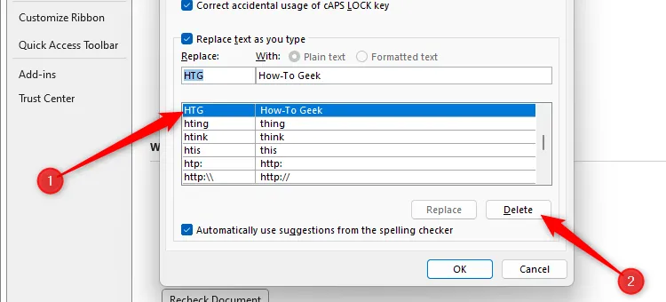 Giao diện quản lý AutoCorrect trong Word, chọn một mục để xóa