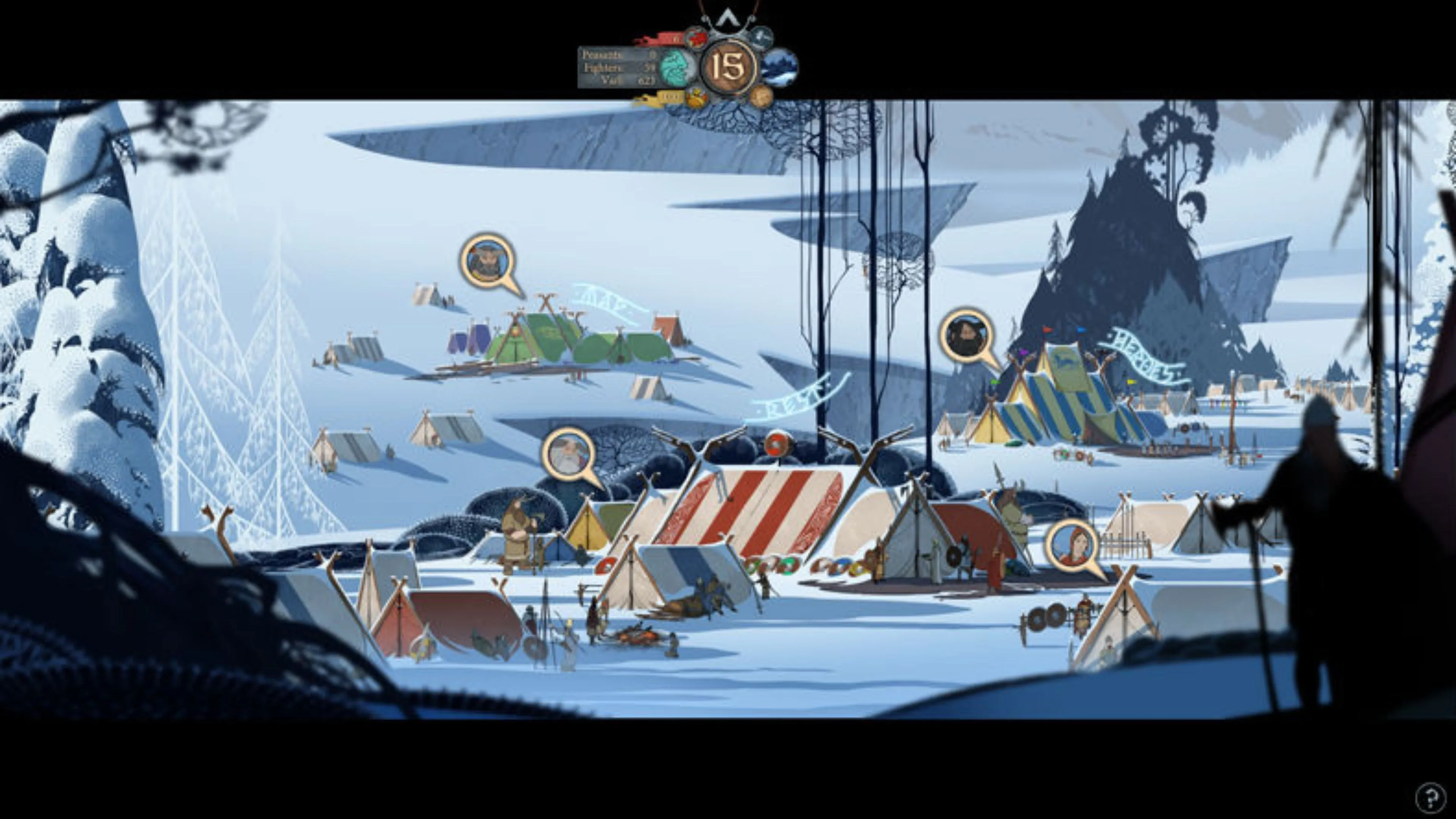 Giao diện quản lý đoàn caravan và tài nguyên trong The Banner Saga