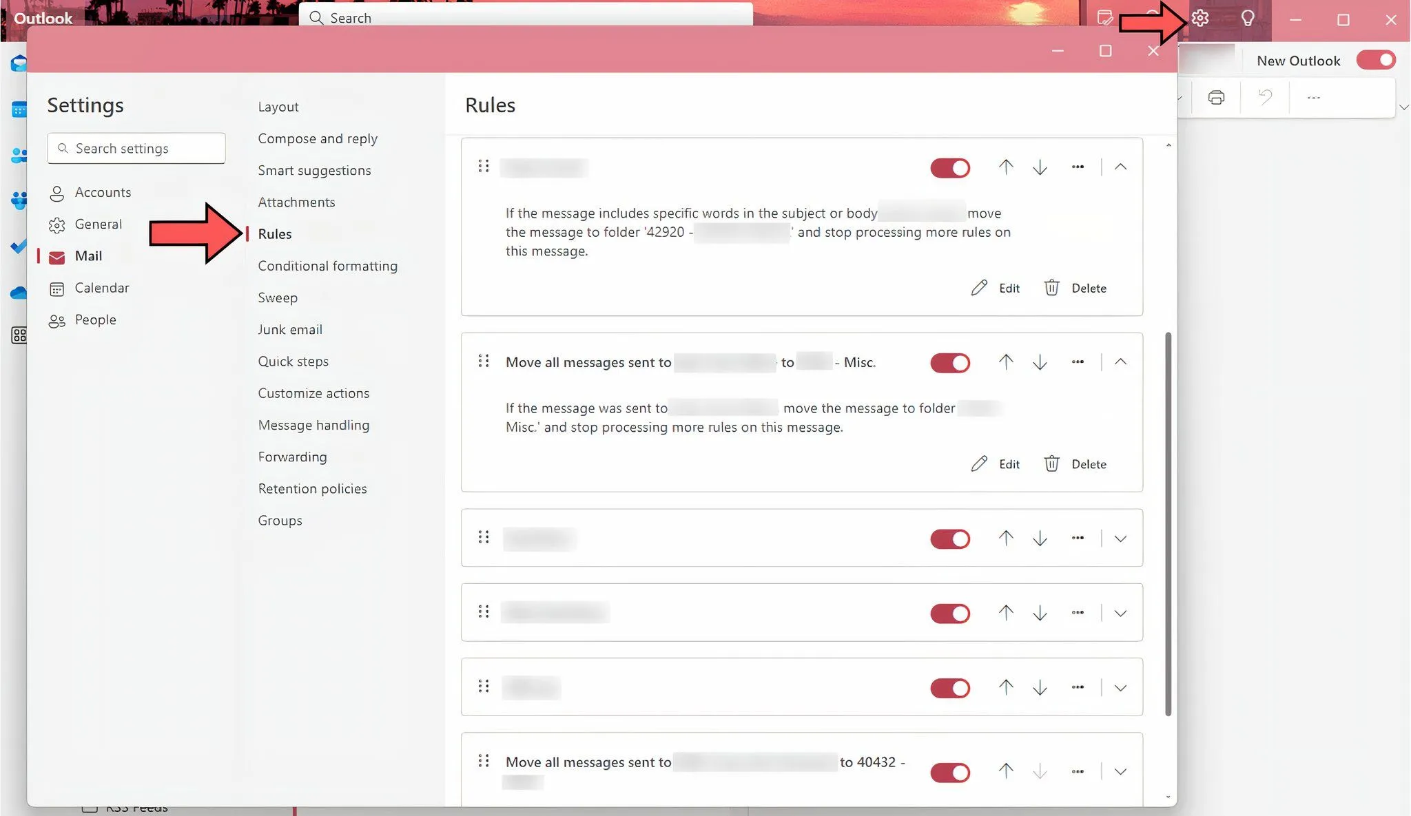 Giao diện quản lý tất cả các Rules đã tạo trong Outlook, cho phép chỉnh sửa và xóa quy tắc.
