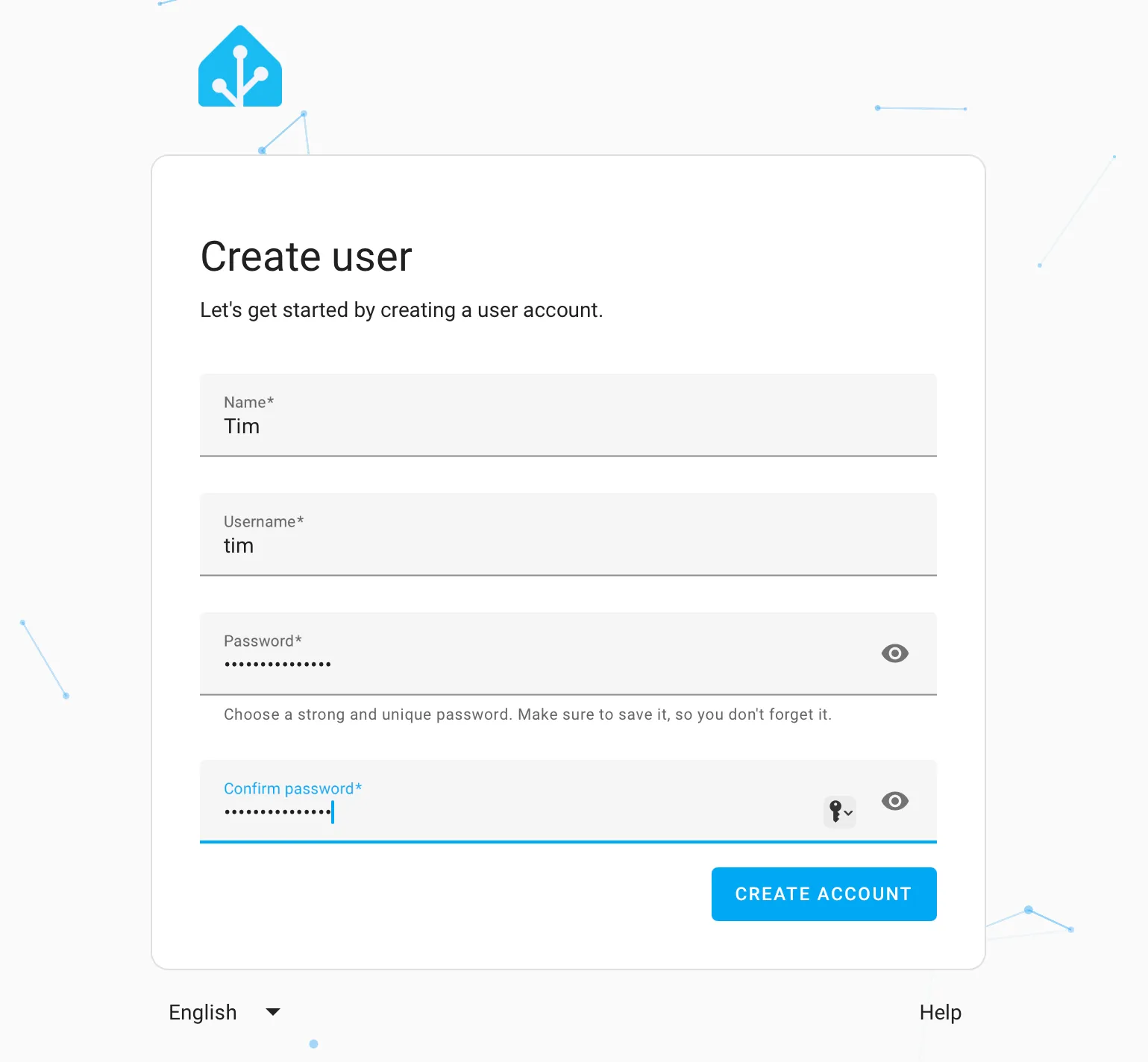 Giao diện tạo tài khoản người dùng đầu tiên trong Home Assistant, bao gồm tên, mật khẩu và cài đặt vị trí nhà thông minh.