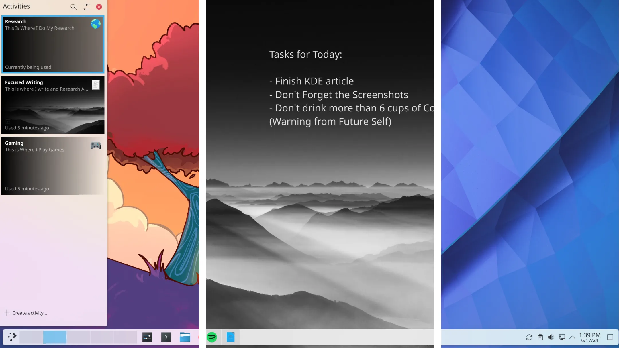 Giao diện tổng quan của KDE Activities, hiển thị các không gian làm việc chuyên biệt