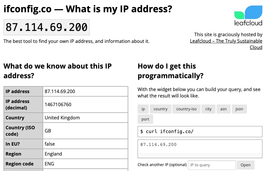 Giao diện trang chủ ifconfig.co trên trình duyệt web hiển thị chi tiết địa chỉ IP công khai, quốc gia và khu vực