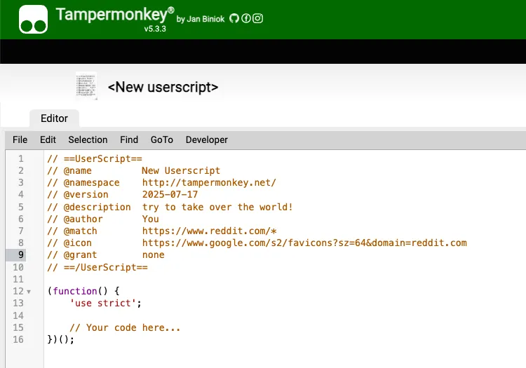 Giao diện trình chỉnh sửa script mới trong Tampermonkey, hiển thị mã JavaScript mẫu