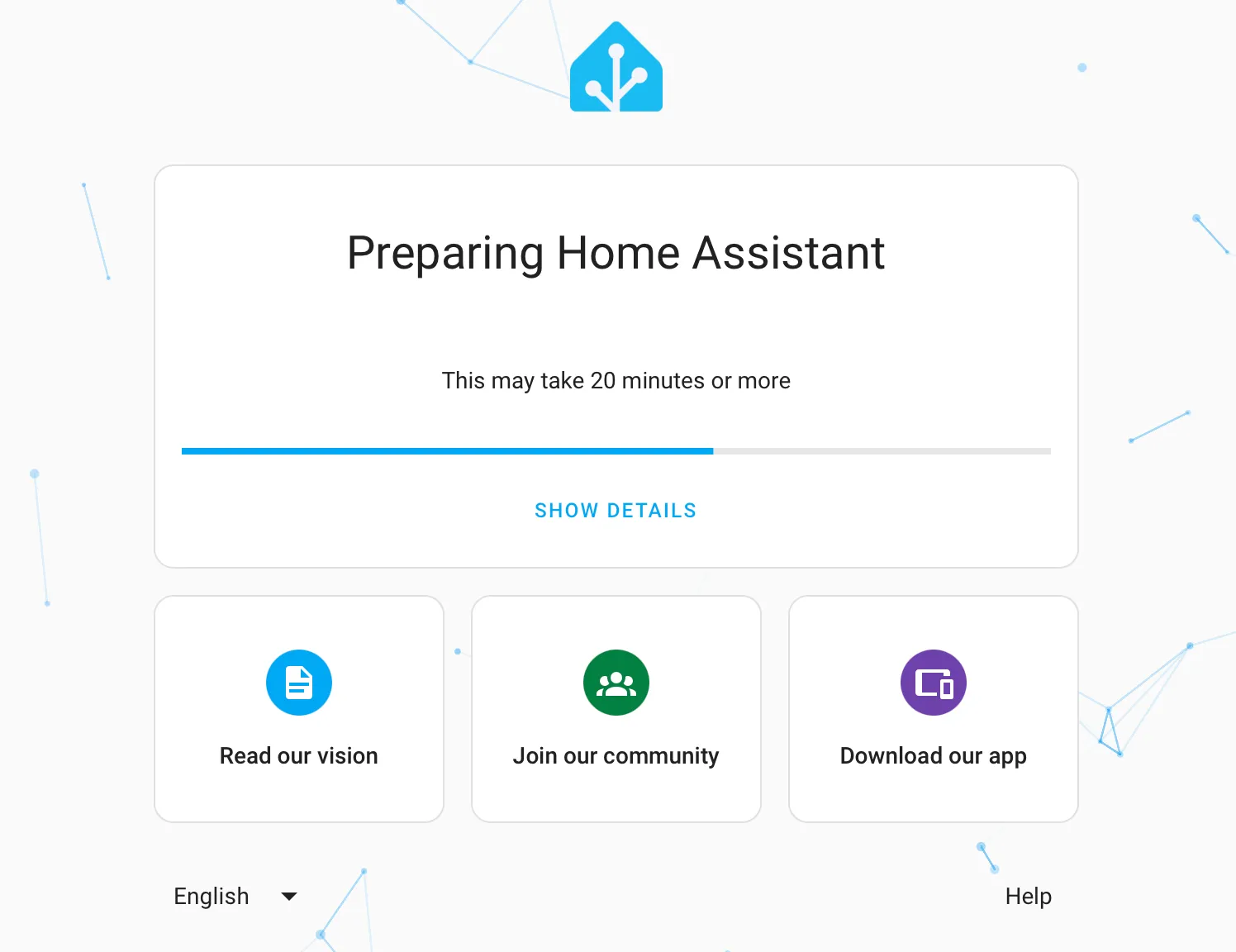 Giao diện trình duyệt web của Home Assistant hiển thị thông báo &quot;Preparing Home Assistant&quot; trong quá trình cài đặt ban đầu.