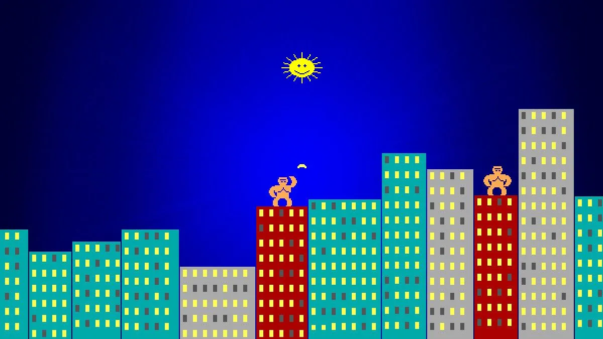 Giao diện trò chơi Gorillas trong MS-DOS QBasic, minh họa các tựa game kinh điển trên MS-DOS