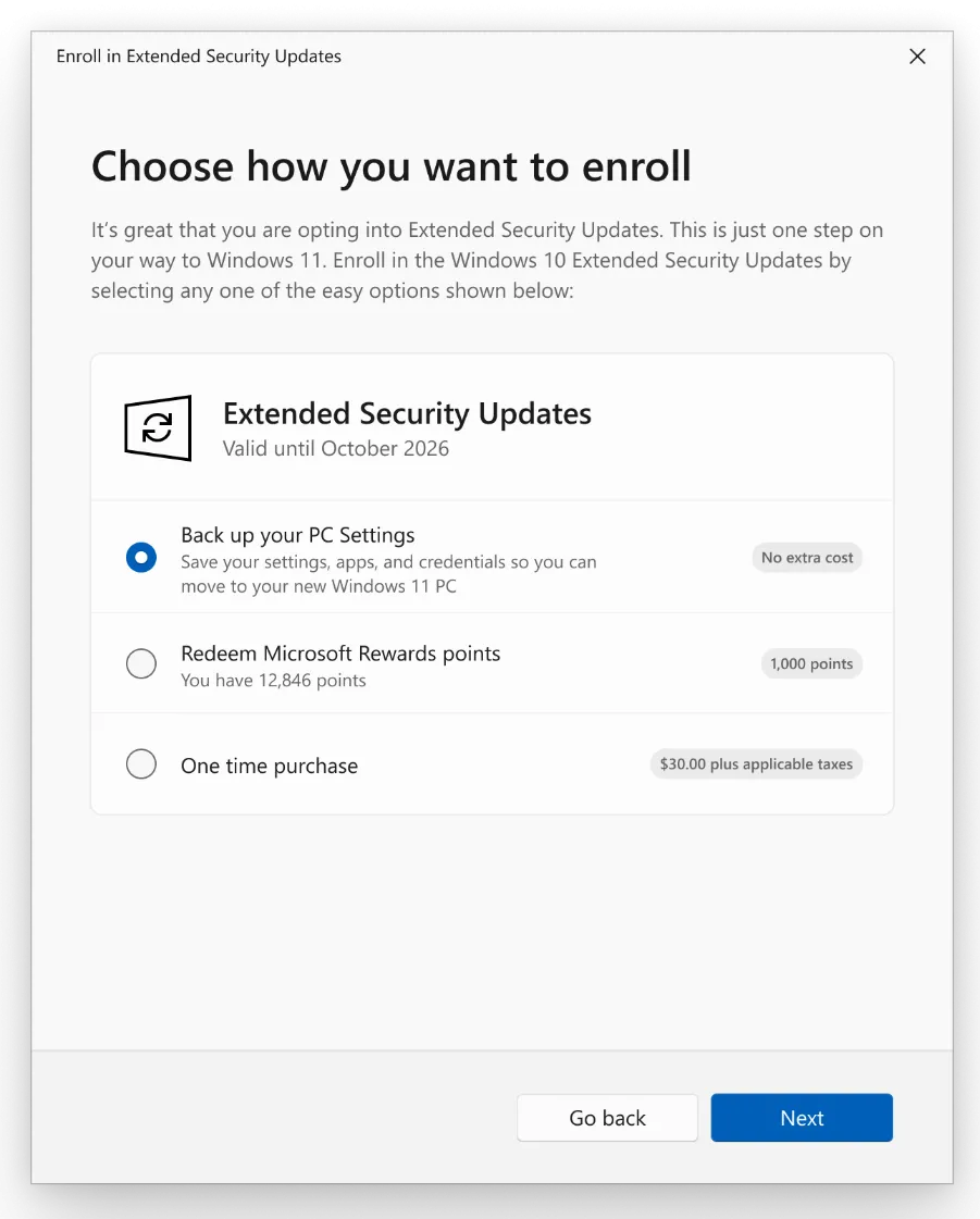 Giao diện tùy chọn đăng ký chương trình ESU cho Windows 10, hiển thị các lựa chọn gia hạn hỗ trợ bảo mật mở rộng.