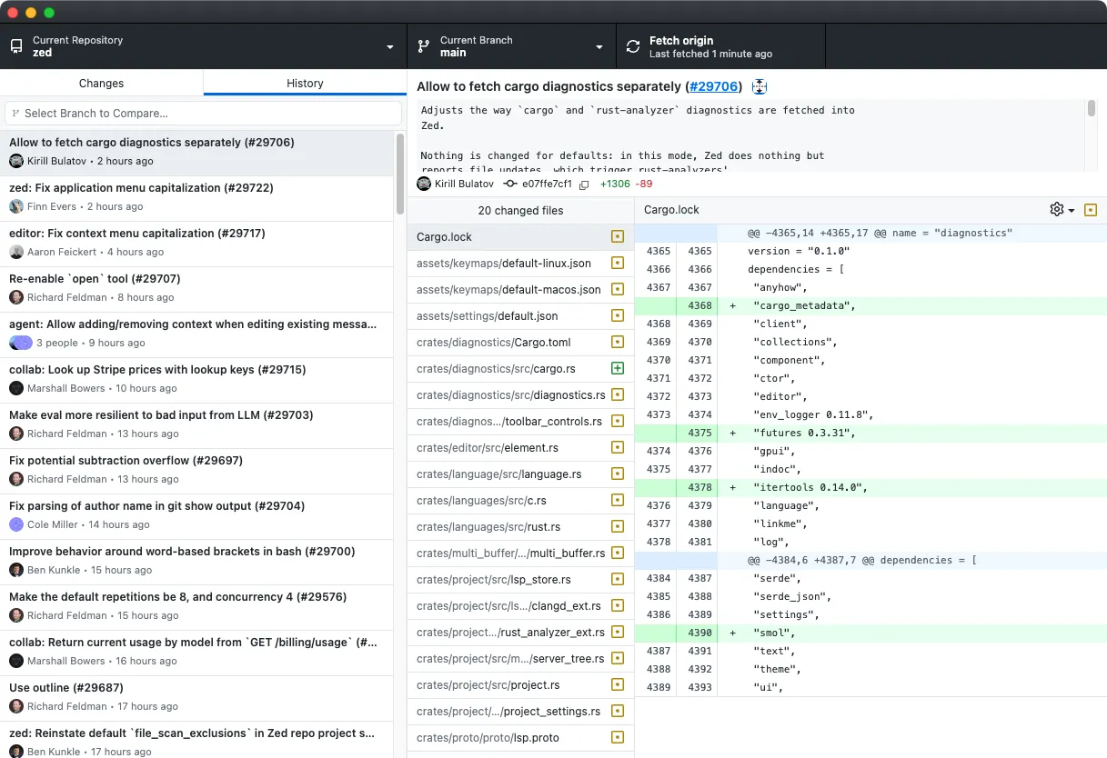 Giao diện ứng dụng GitHub Desktop hiển thị lịch sử các commit và chi tiết thay đổi trong dự án Git.