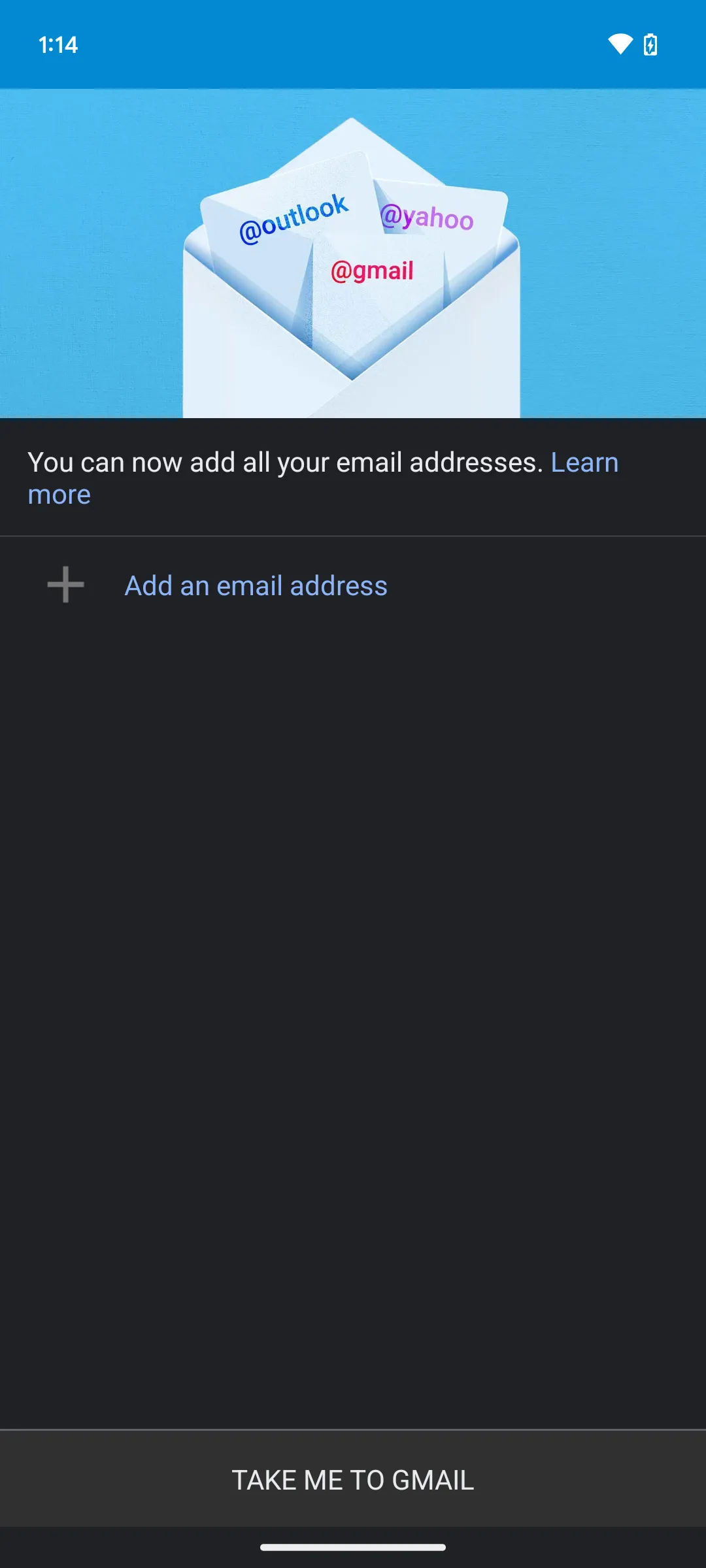 Giao diện ứng dụng Gmail trên Android yêu cầu thêm tài khoản, thể hiện sự liên kết chặt chẽ của các ứng dụng Google với dịch vụ web và tài khoản người dùng.