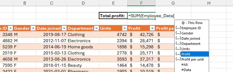 Gợi ý tên cột trong bảng Excel khi bạn nhập công thức, đơn giản hóa việc tạo tham chiếu có cấu trúc.