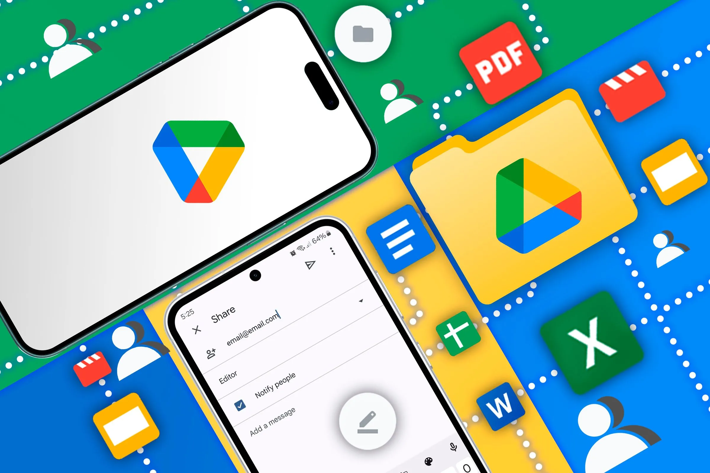 Google Drive trên iPhone và Android, minh họa tính năng chia sẻ thư mục và tích hợp với Google Workspace.