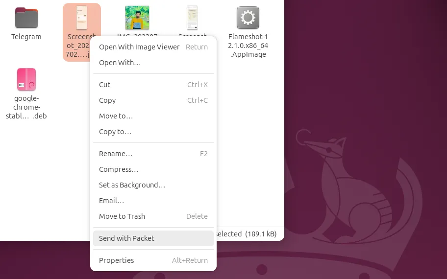 Gửi file qua tùy chọn Send With Packet của ứng dụng Packet Linux Client