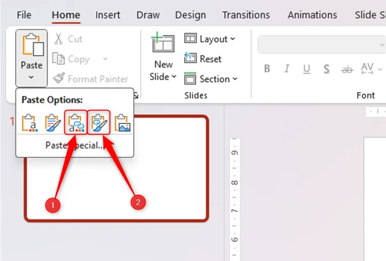 Hai biểu tượng trong menu thả xuống &quot;Paste&quot; trong PowerPoint tạo liên kết giữa mục đã dán và nguồn của nó, cho phép cập nhật dữ liệu tự động từ Excel.