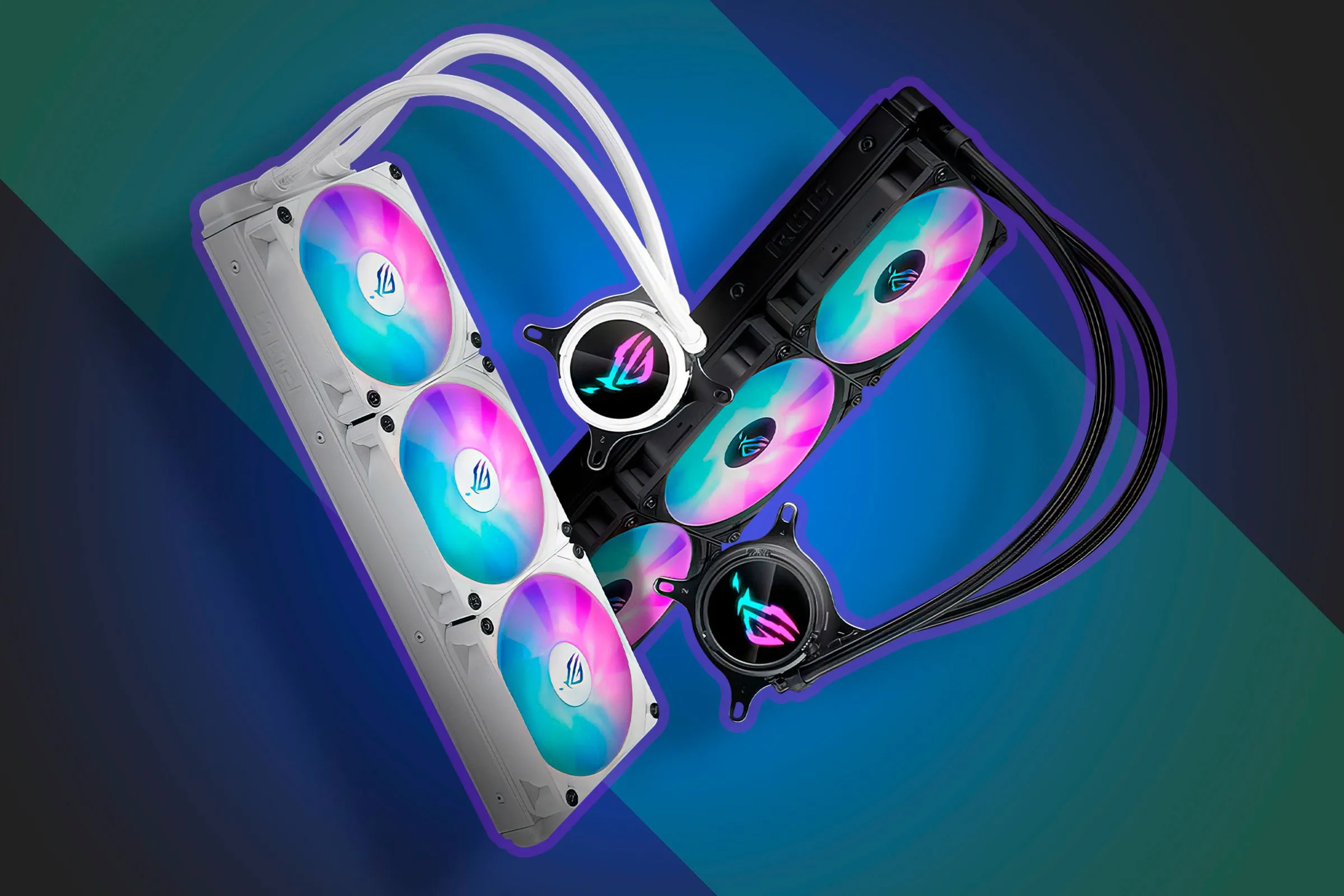 Hai bộ tản nhiệt nước AIO 360mm với thiết kế đèn RGB, làm nổi bật yếu tố thẩm mỹ của linh kiện này.