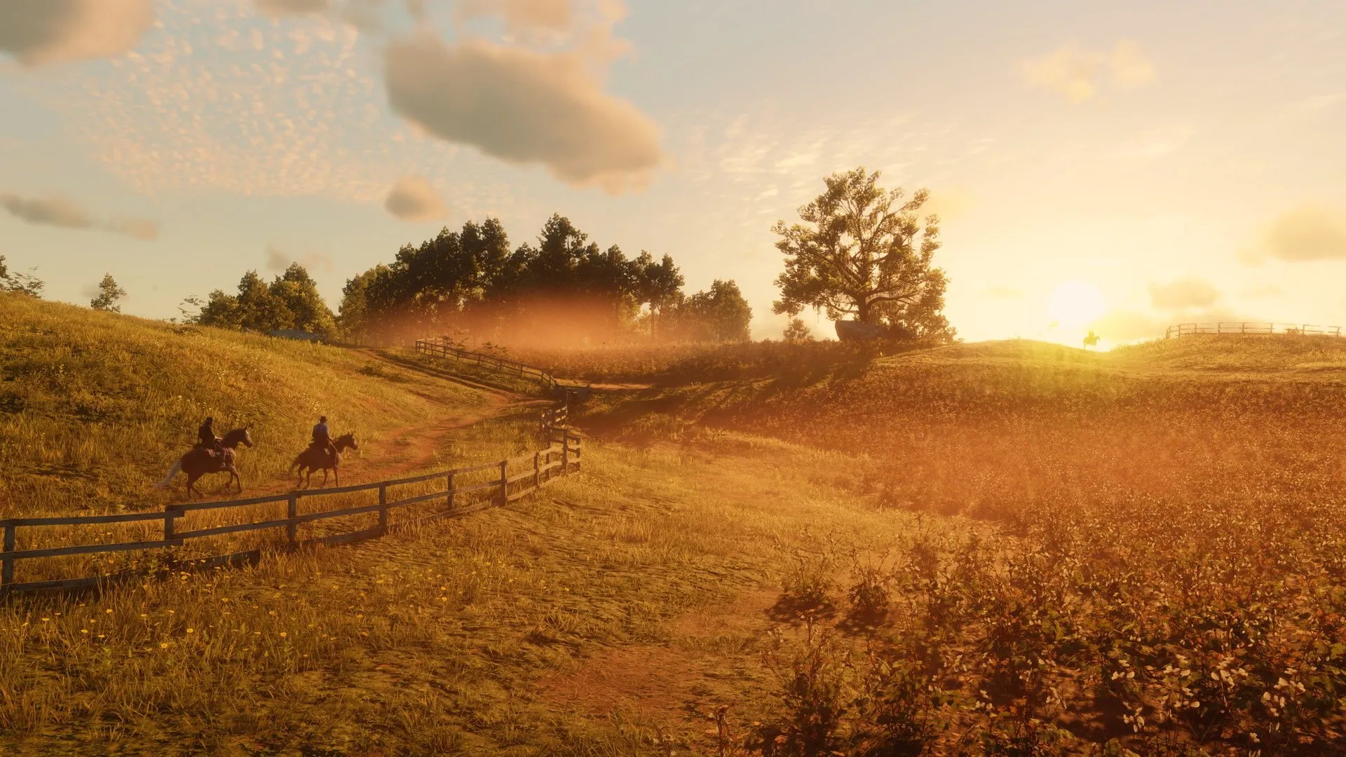 Hai cao bồi cưỡi ngựa qua cánh đồng trong cảnh quay game Red Dead Redemption 2, một tựa game PS4 với đồ họa thực tế