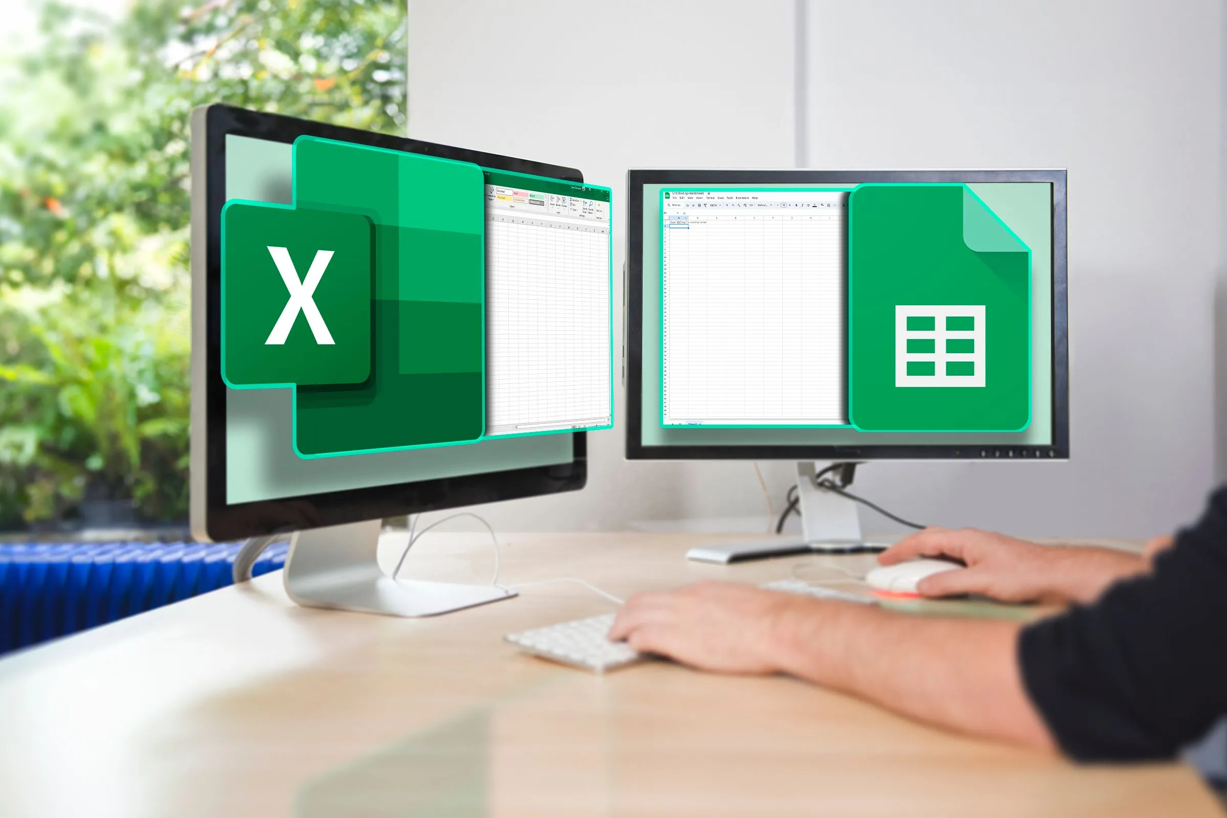 Hai màn hình máy tính hiển thị Excel bên trái và Google Sheets bên phải, so sánh các nền tảng bảng tính