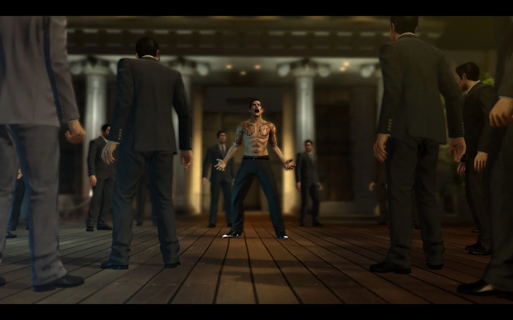 Hai nhân vật chính Kiryu Kazuma và Goro Majima đối mặt nhau, thể hiện sự kịch tính trong cốt truyện game Yakuza 0 trên Game Pass.