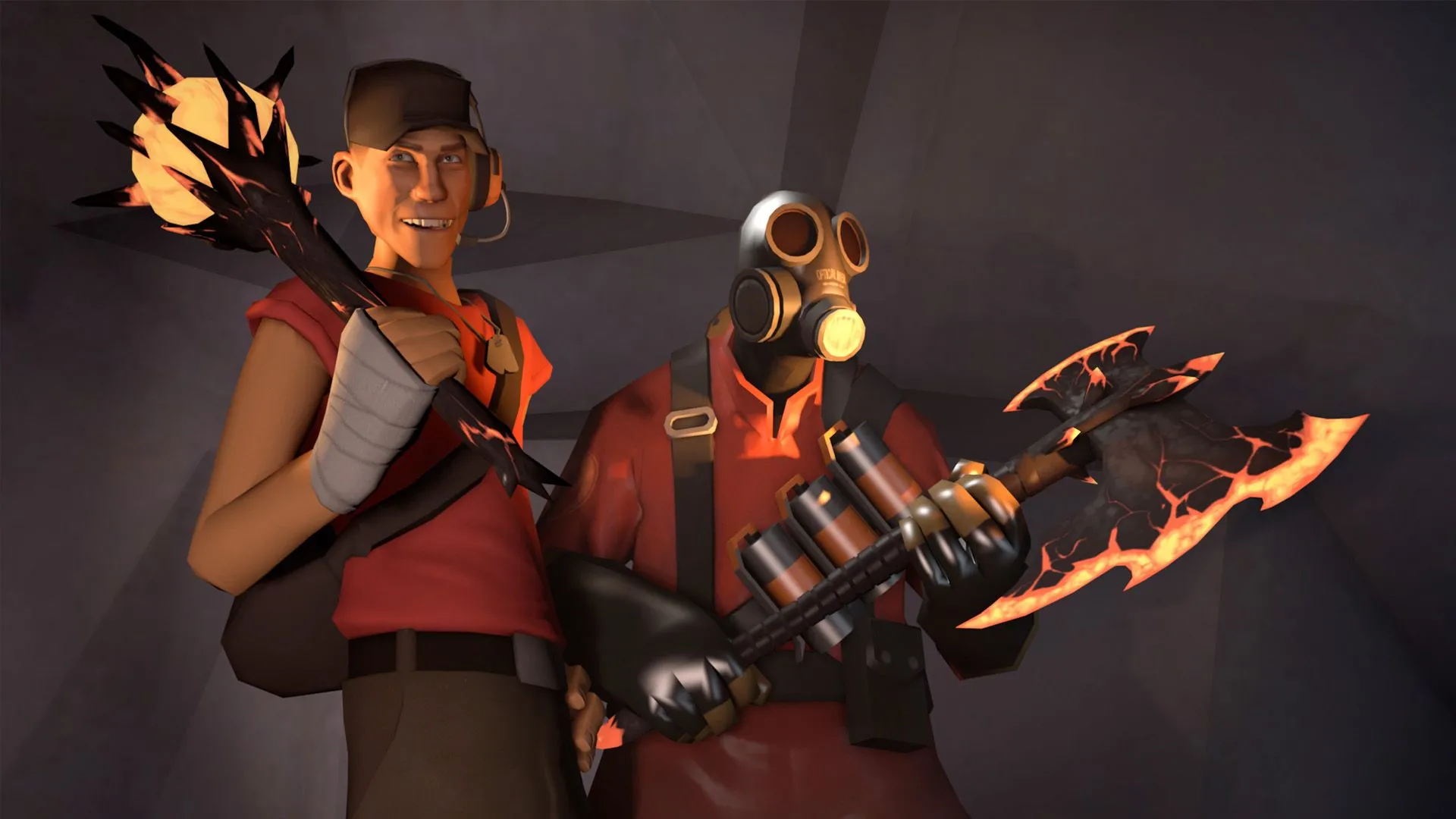 Hai nhân vật Scout và Pyro từ Team Fortress 2, cầm vũ khí lửa đặc trưng