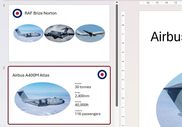 Hai slide trong ngăn hình thu nhỏ của PowerPoint, với một số đối tượng đã được nhân đôi, di chuyển hoặc xóa từ slide này sang slide kia để chuẩn bị áp dụng hiệu ứng Morph.