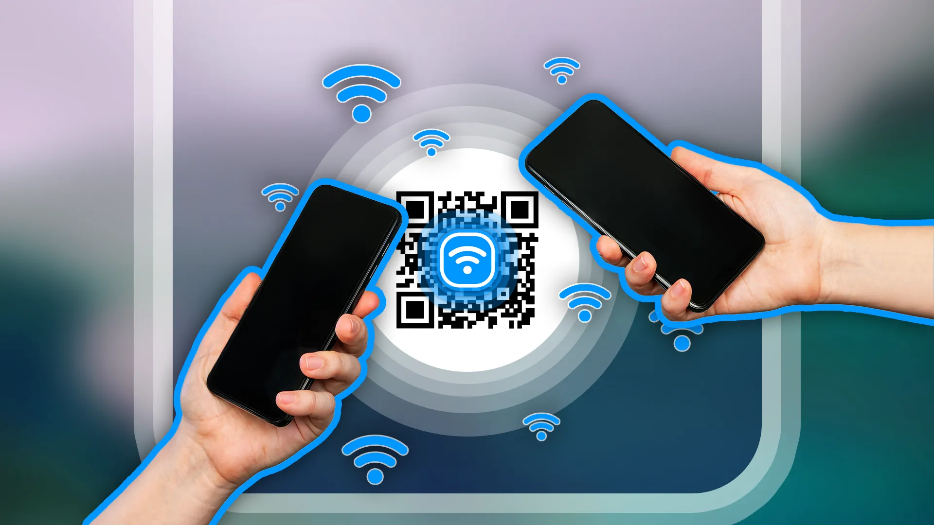 Hai tay cầm điện thoại Android đang quét mã QR để kết nối Wi-Fi hoặc truy cập thông tin nhanh chóng.