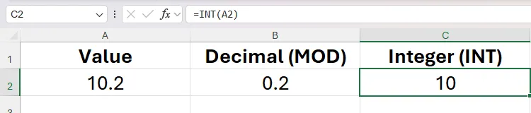 Hàm INT được sử dụng trong Excel để trích xuất một số nguyên từ một số thập phân.