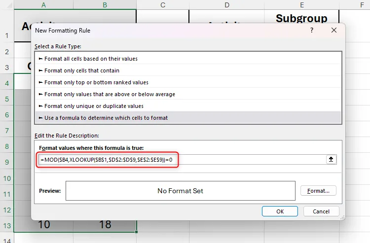 Hàm MOD được sử dụng trong một quy tắc định dạng có điều kiện trong Microsoft Excel.