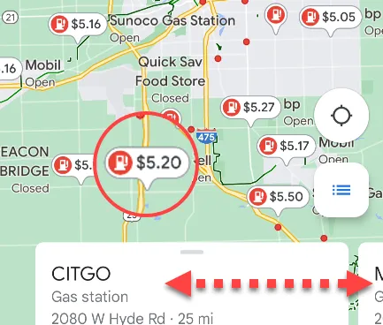 Hiển thị giá xăng dầu tại các trạm gần nhất trên Google Maps mobile.